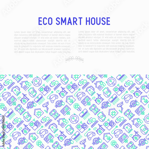 Eco smart house concept with thin line icons: solar battery, security, light settings, appliances, artificial intelligence, mobile app control. Energy saving and new technologies vector illustration.