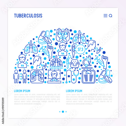 Tuberculosis concept in half circle with thin line icons: infection in lungs, x-ray image, dry cough, pain in chest and shoulders, Mantoux test, weight loss. Vector illustration, web page template. photo