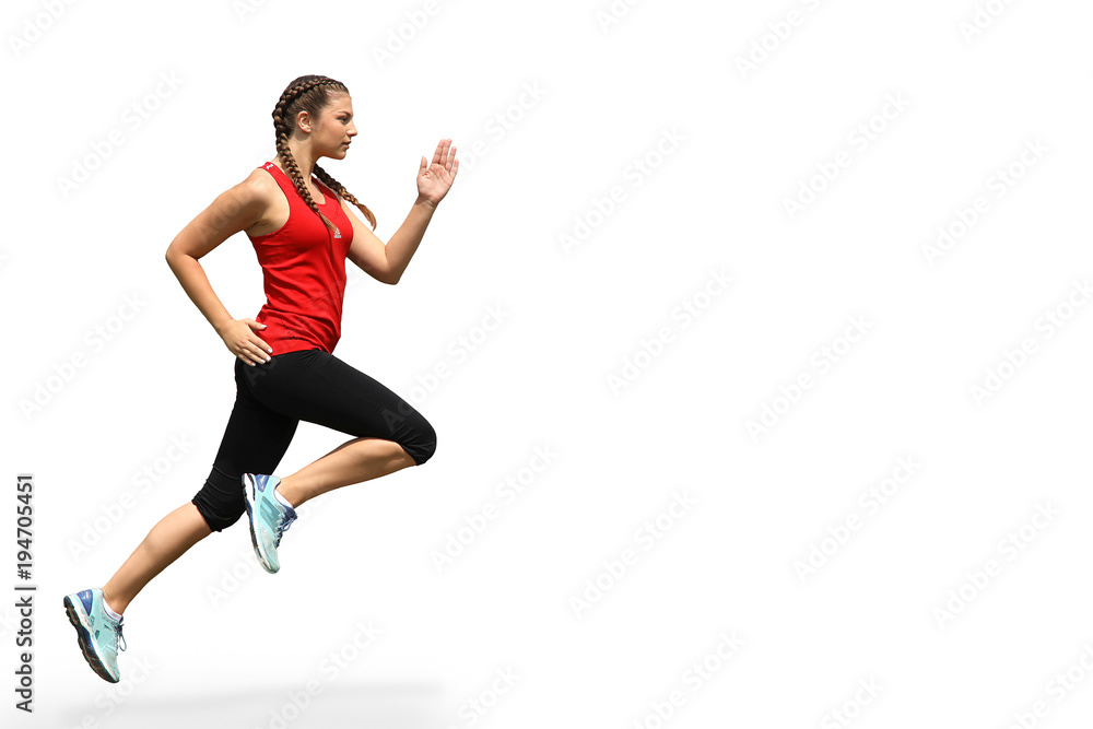 Frau in Sportkleidung und exaktem Laufstil vor weißem Hintergrund Frau in Sportkleidung und exaktem Laufstil vor weißem Hintergrund