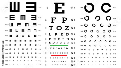 Eye Test Chart Vector. Vision Exam. Optometrist Check. Medical Eye Diagnostic. Different Types. Sight, Eyesight. Optical Examination. Isolated On white Illustration
