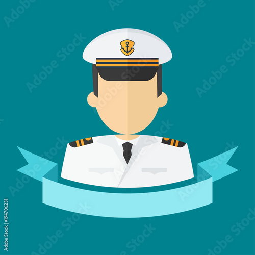 Captain of ship in white suit. Command of military cruiser, a cruise liner. Flat vector cartoon illustration. Objects isolated on a white background.