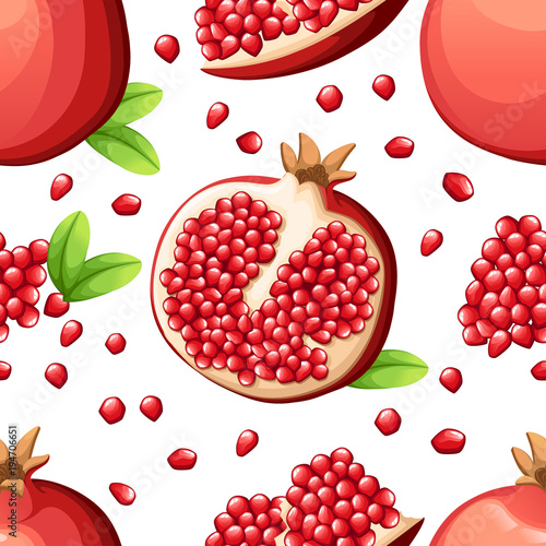 Seamless pattern of pomegranate and fresh seeds of pomegranates. Vector illustration of opened pomegranate. Vector illustration for decorative poster, emblem natural product, farmers market