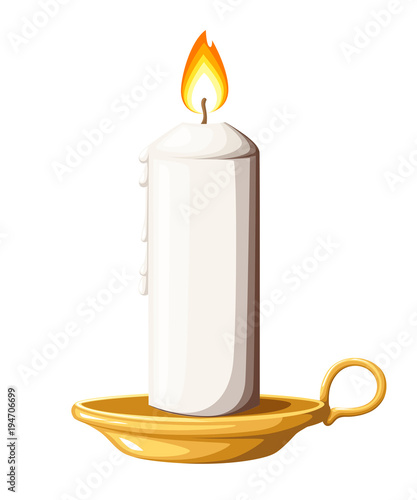 Burning white wax candle on candlestick. Glowing in flat style. Gold candle stand vector illustration isolated on white background
