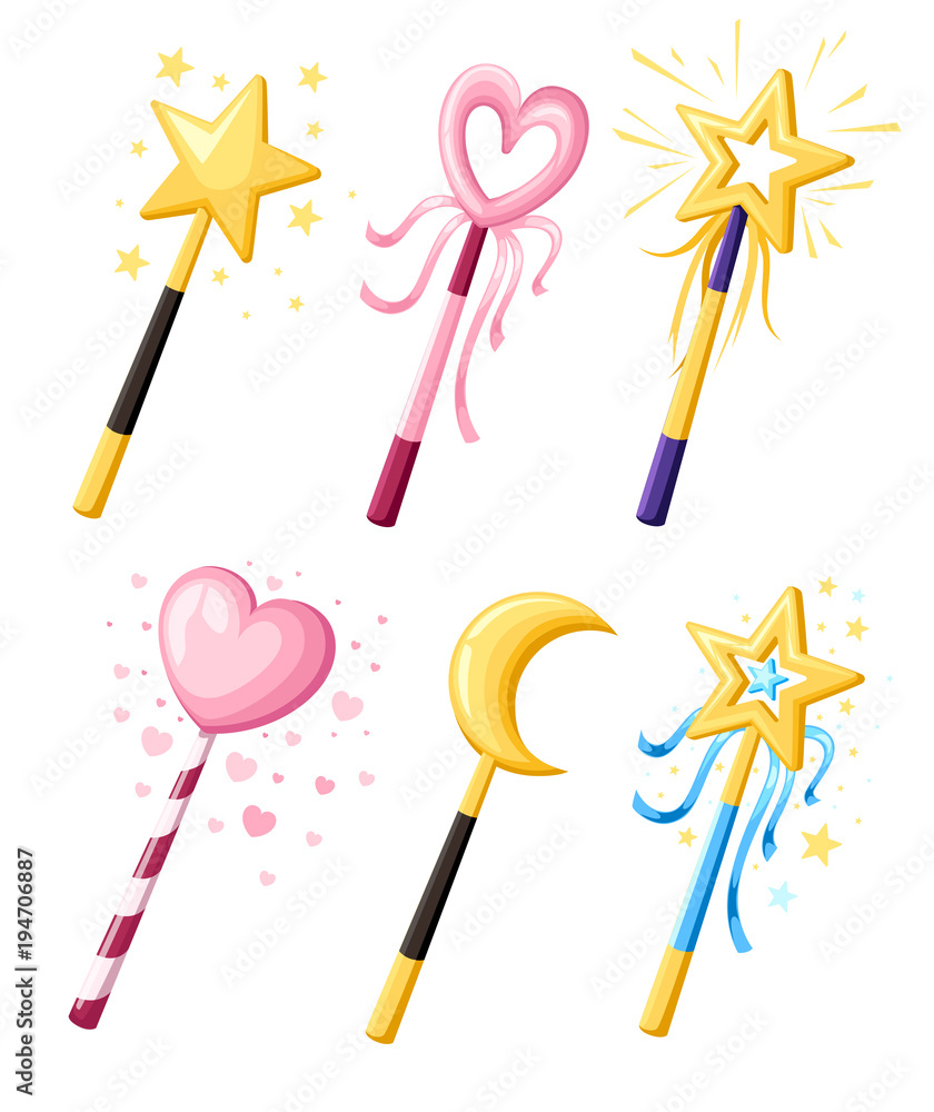 Set of cute decorative magic wands in various shapes. Magical girl cartoon power concept. Vector illustration isolated on white background. Web site page and mobile app design Set of cute decorative magic wands in various shapes. Magical girl cartoon power concept. Vector illustration isolated on white background. Web site page and mobile app design