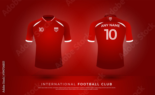 soccer t-shirt design uniform set of soccer kit. football jersey template for football club. red and white color, front and back view shirt mock up. Vector Illustration