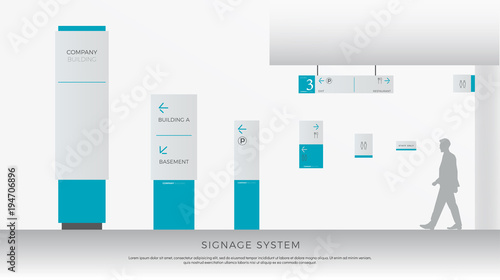 exterior and interior signage system. direction, pole, wall mount and traffic signage system design template set. empty space for logo, text, white and blue corporate identity photo