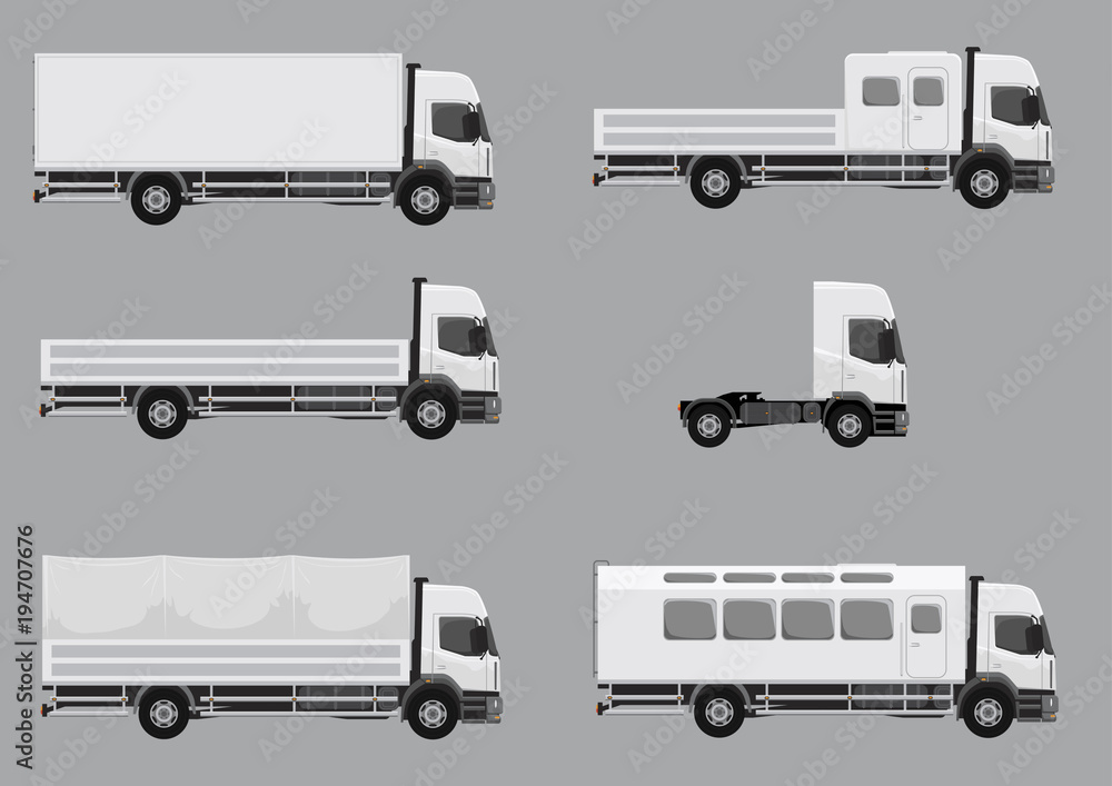 Trucks and industrial vehicles, set of illustrations