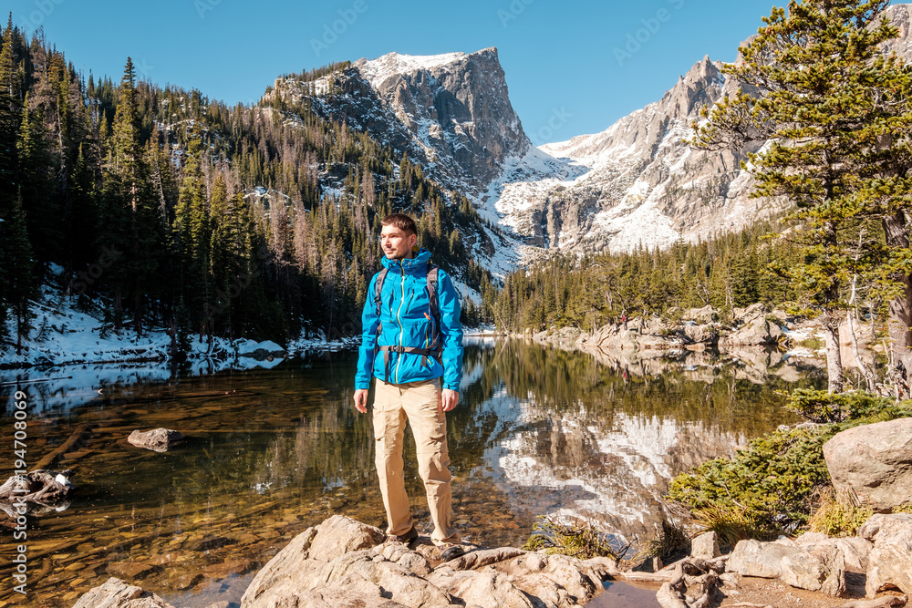 Tourist near Dream Lake in Colorado