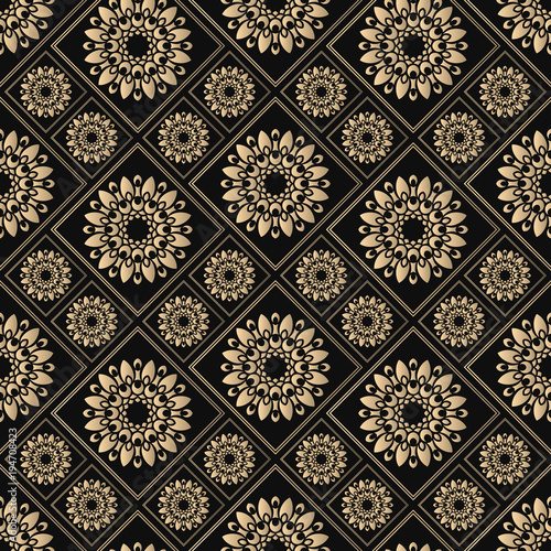 Seamless pattern oriental ornament. Black and golden textile print. Islamic vector design. Floral tiles.