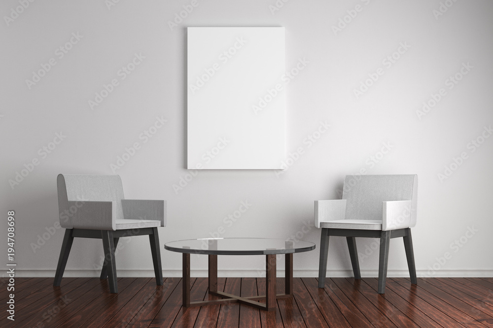 Bright living room with blank poster Bright living room with blank poster