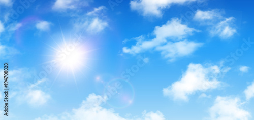 Sunny background, blue sky with white clouds and sun