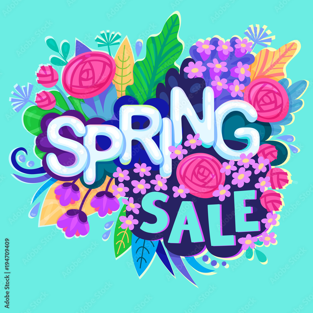 Obraz premium Spring Sale Design with Colorful Flowers, Colorful Flowers, Leaves and Grass in Background for Springtime Seasonal Promotion. Vector Illustration