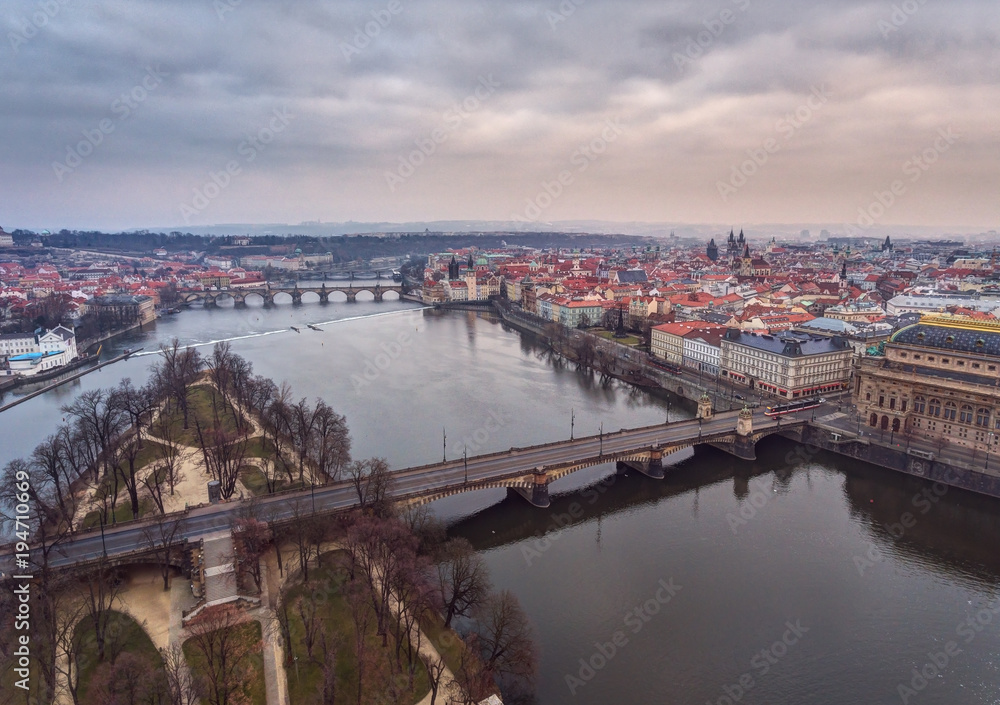 Czech Republic, Prague, panoramic city view with river Vltava and Charles Bridge.