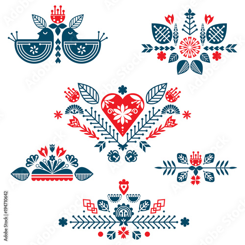 Collection of red and blue compositions of ethnic elements. The Nordic spring set for design.