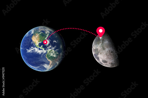 Interplanetary cosmic flight from Earth to Moon. Exploration and colonization of natural sattelite in the cosmos. Travelling, transportation and trips in space. Element of image furnished by NASA.