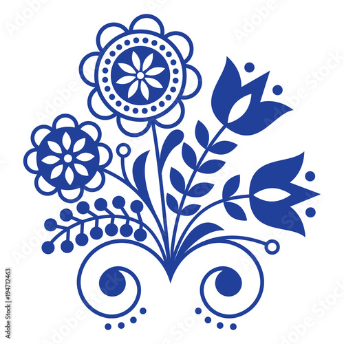 Scandinavian folk art ornament with flowers, Nordic floral design, retro background in navy blue