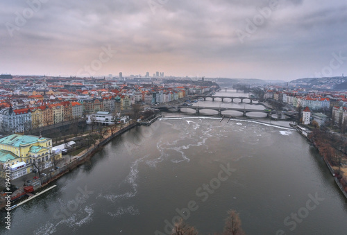 Czech Republic  Prague  panoramic city view with river Vltava and Charles Bridge.