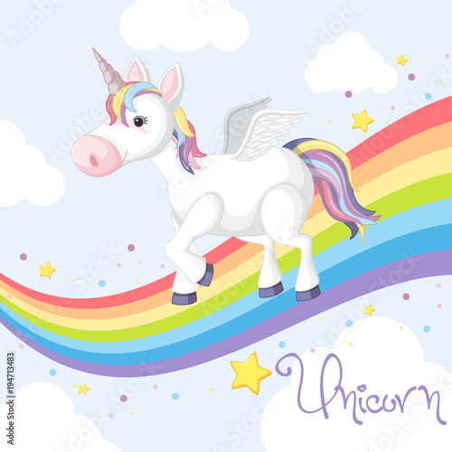 Cute unicorn standing on rainbow