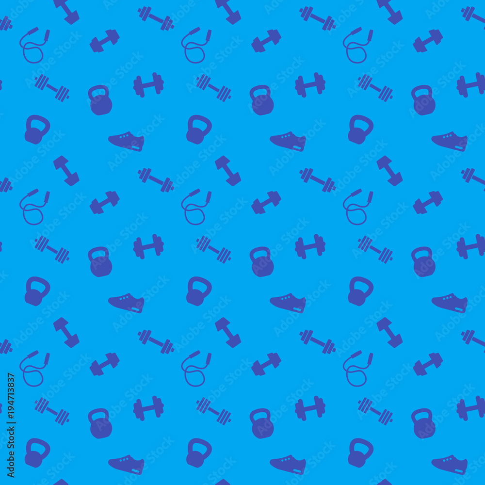seamless pattern with gym icons, dumbbells, kettlebells, jumping rope, blue background