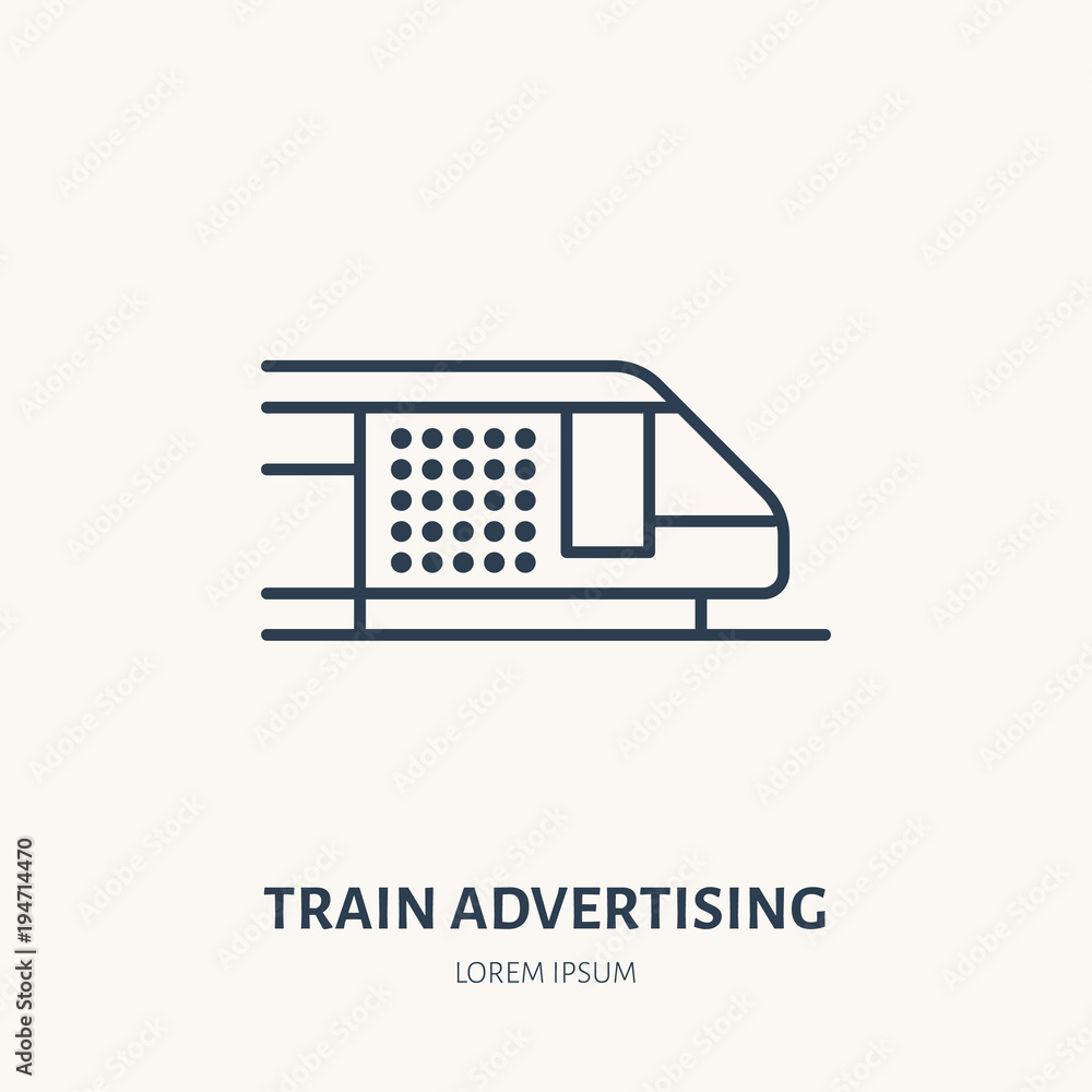 Train advertising flat line icon. Outdoor marketing sign. Thin linear logo for transit ads. Train advertising flat line icon. Outdoor marketing sign. Thin linear logo for transit ads.
