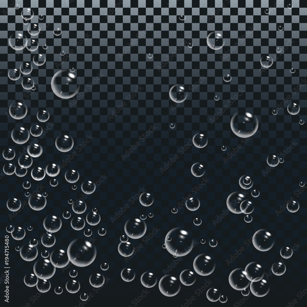 Air or oxygen gas bubbles under water. Boiling water.White bubbles set