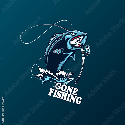 Fishing logo. Bass fish with rod club emblem. Fishing theme vector illustration. Isolated on white.