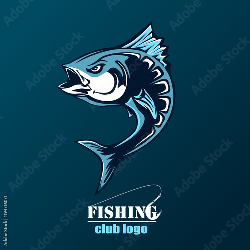 Angry tuna fish logo. Tuna fishing emblem. Big eye tuna. Angry fishing club logotype.