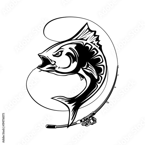 Angry tuna fish logo. Tuna fishing emblem. Big eye tuna. Angry fishing club logotype.