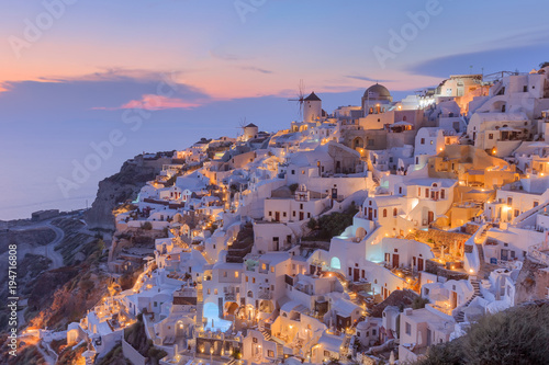 Idyllic view on traditional architecture of Santorini at dusk