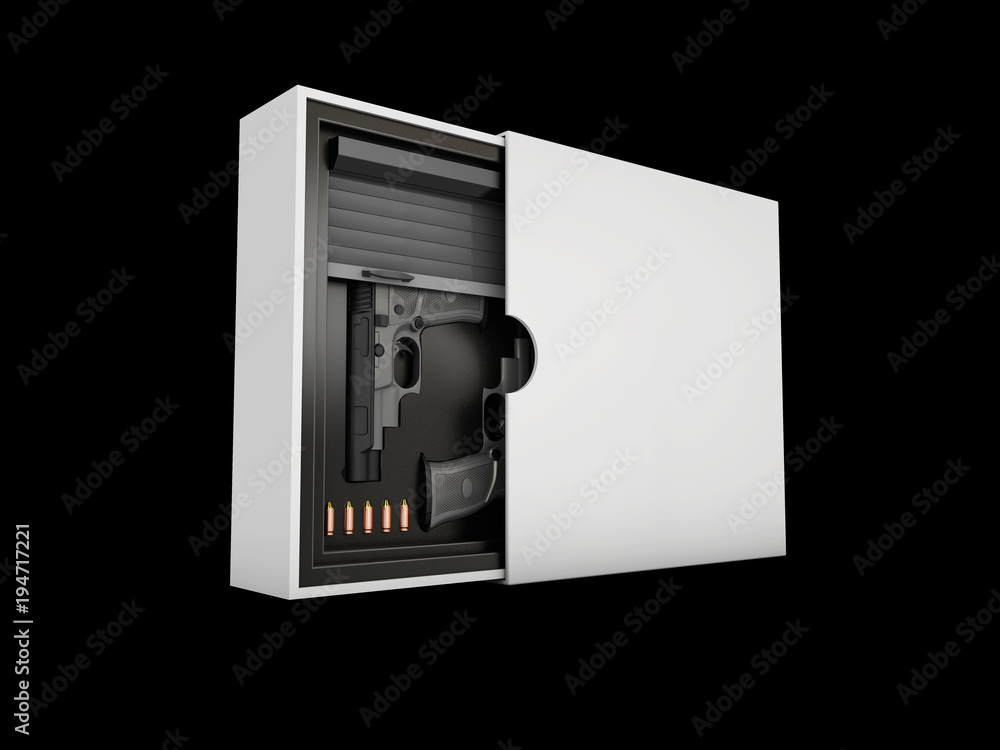 Black Guns in a box, Gunbox concept isolated black, 3d Illustration Black Guns in a box, Gunbox concept isolated black, 3d Illustration
