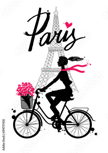 Bicycle_paris4/A girl rides a Bicycle. Paris. Vector hand drawn illustration with Eiffel tower. Fashion accessories. Silhouette cyclist.