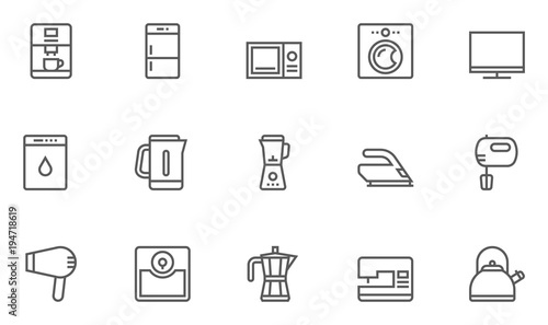 Household Appliances Line Icons contains Washing Machine, Kettle, Microwave Oven, Hob, Blender, Fridge, Coffee Maker and more. Editable Stroke. 48x48 Pixel Perfect.