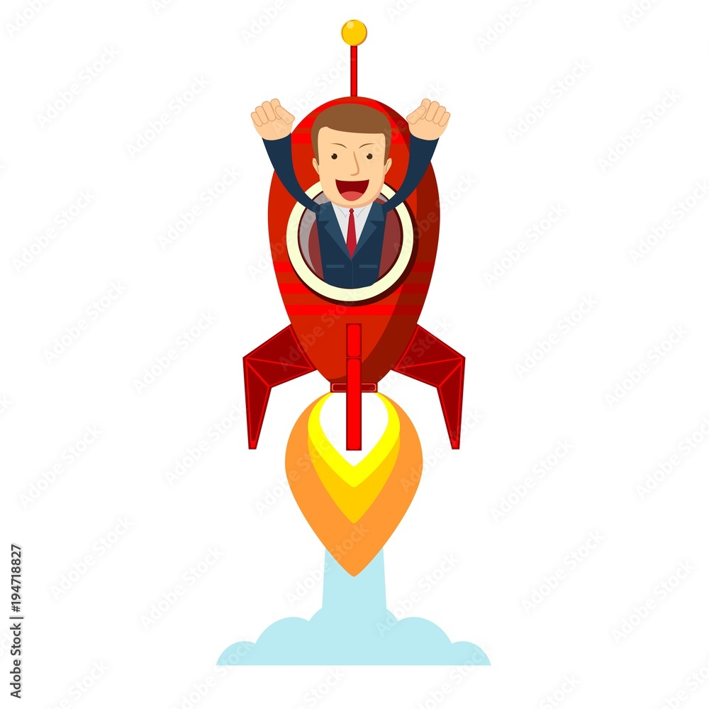 Businessman in a rocket on a white background . Business Start up concept. Vector flat illustration