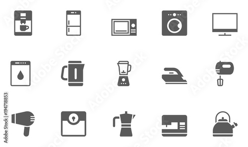 Household Appliances Icons contains Washing Machine, Kettle, Microwave Oven, Hob, Blender, Fridge, Coffee Maker and more.
