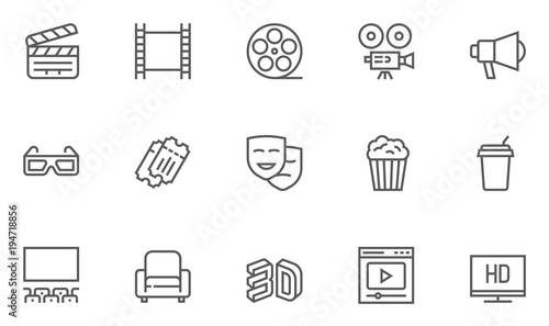 Set of Cinema, Movie and Entertainment Vector Line Icons with Movie Theater, Film Strip, Popcorn, Video Clip, 3d Glasses and more. Editable Stroke. 48x48 Pixel Perfect.