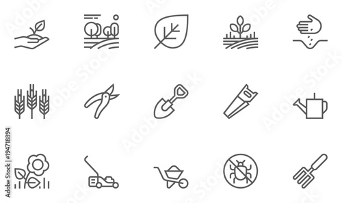 Set of Gardening Line Icons with Seeding, Flowers, Tools and more. Editable Stroke. 48x48 Pixel Perfect.