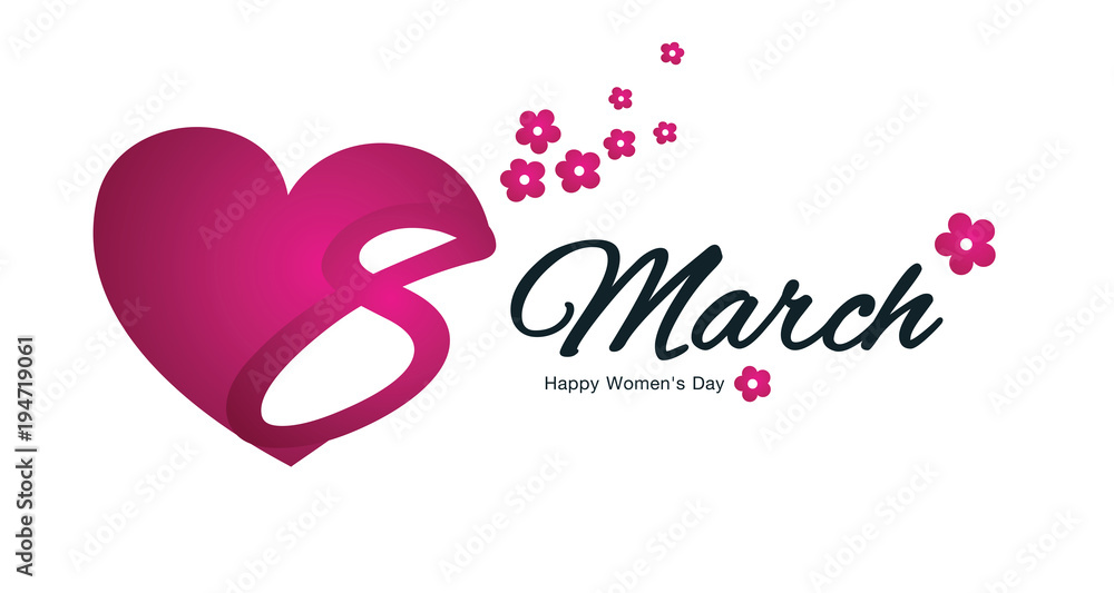 8 March Happy Womens Day flowers in red colors heart logo banner