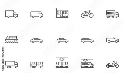 Set of Transport Vector Line Icons with Train, Tram, Bike, Bus, Car and more. Editable Stroke. 48x48 Pixel Perfect.