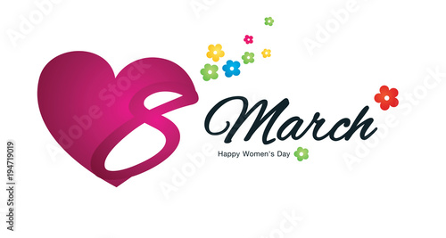 8 March Happy Womens Day flowers in different colors heart logo banner