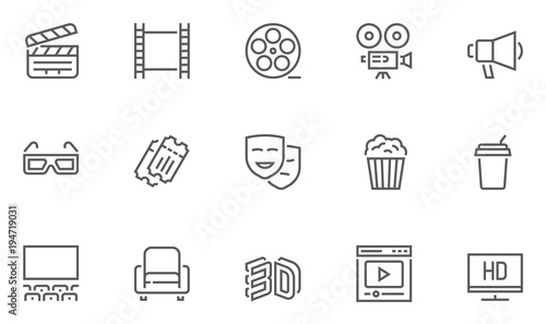 Set of Cinema and Entertainment Vector Line Icons with Movie Theater, Film Strip, Popcorn, Video Clip, 3d Glasses and more. Editable Stroke. 48x48 Pixel Perfect.