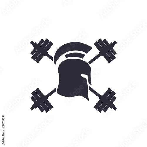 Gym logo, vector emblem, spartan helmet and barbells