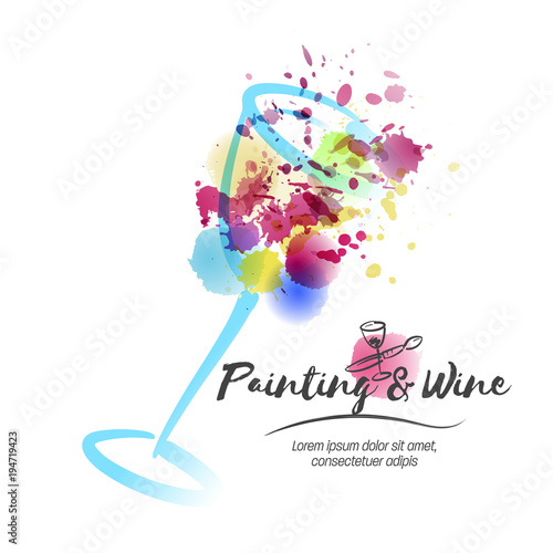 Idea for painting and wine event promotion. Illustration of wine glass and colorful spots. Art and wine.