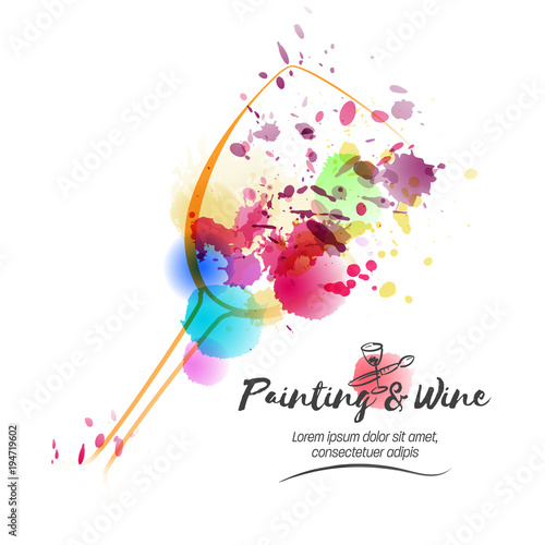 Idea for painting and wine event promotion. Illustration of wine glass and colorful spots. Art and wine.