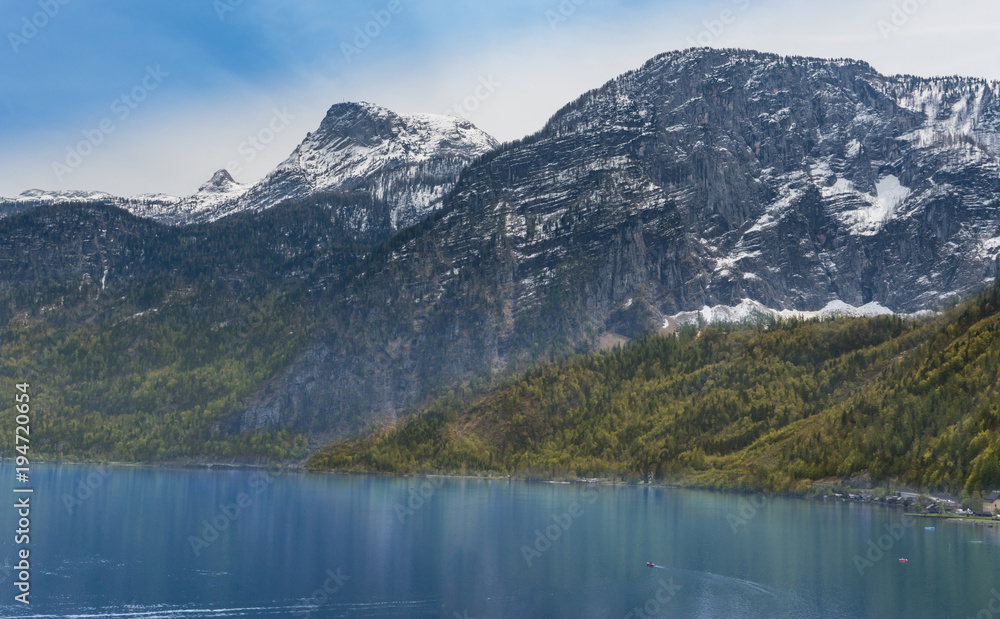 The beautiful Hallstattersee lake nestled among the Austrian Alps in the Salzkammergut region near Salzburg