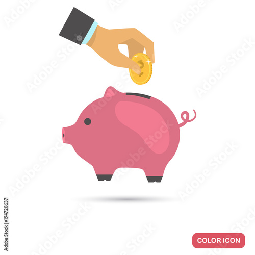 Businessman puts a coin in piggy bank color flat icon
