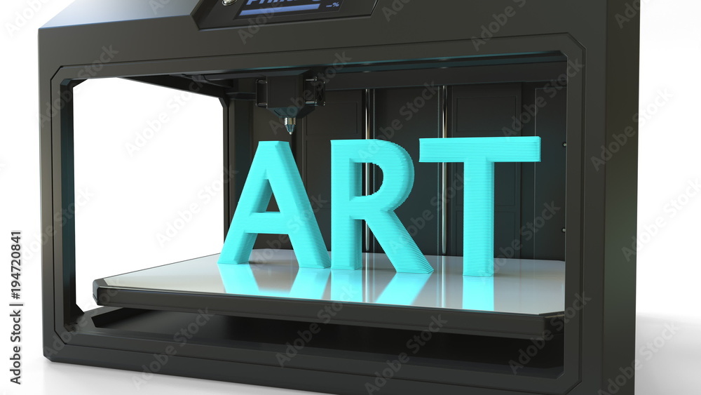 Obraz premium Printing cyan ART word with modern 3D printer, 3D rendering