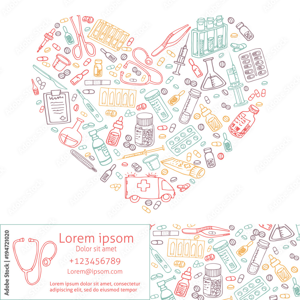 medicine doodles shaped in heart. vector template