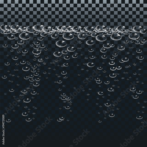 Air or oxygen gas bubbles under water. Boiling water.White bubbles set on transparent background. Realistic fizzy air.