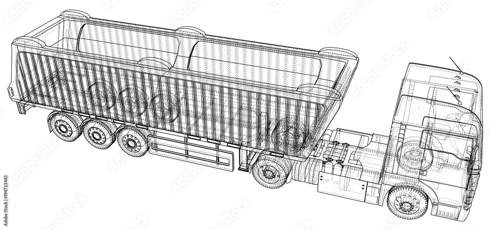 Dump truck vector illustration. Isolated white. Created illustration of 3d. Wire-frame.