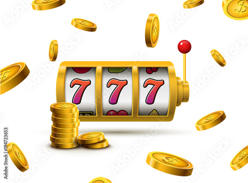 Slot machine lucky sevens jackpot concept 777. Vector casino game. Slot machine with money coins. Fortune chance jackpot